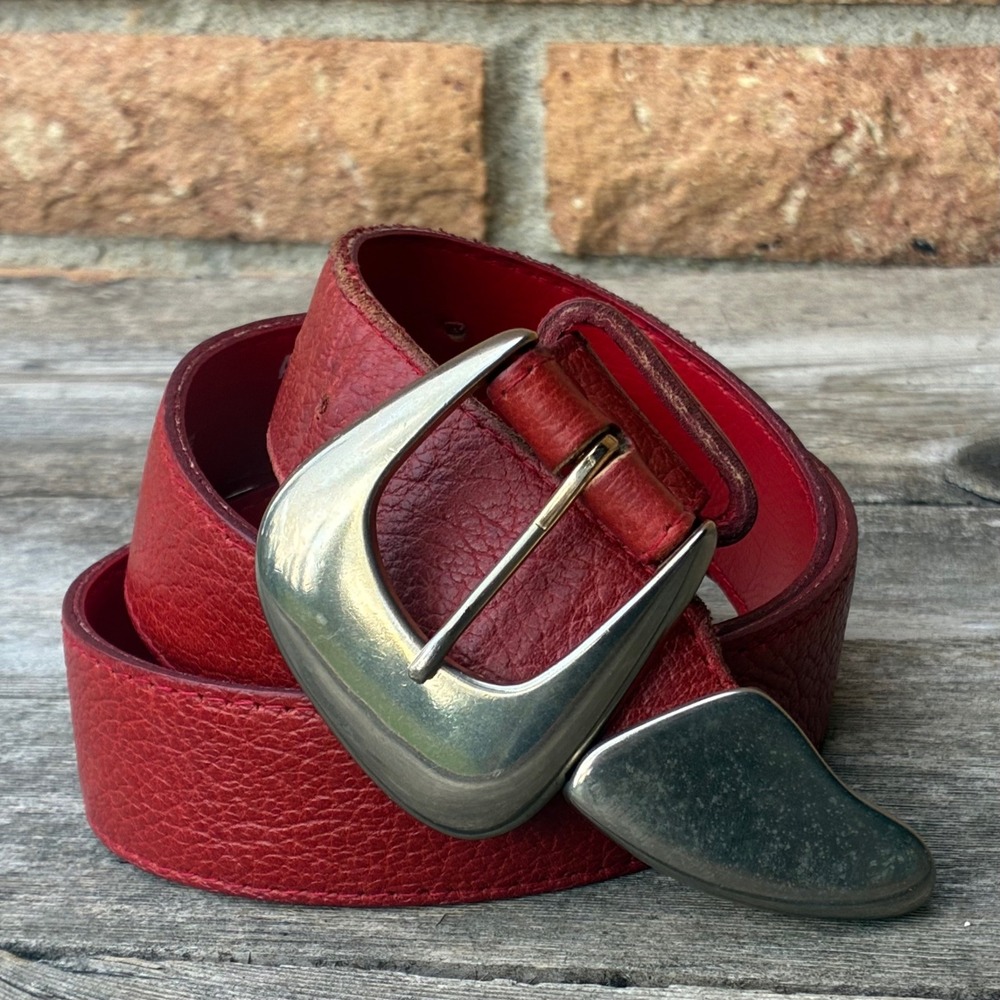 VTG Accessories By Pearl Red Leather Belt L Western Silver Buckle Made in USA